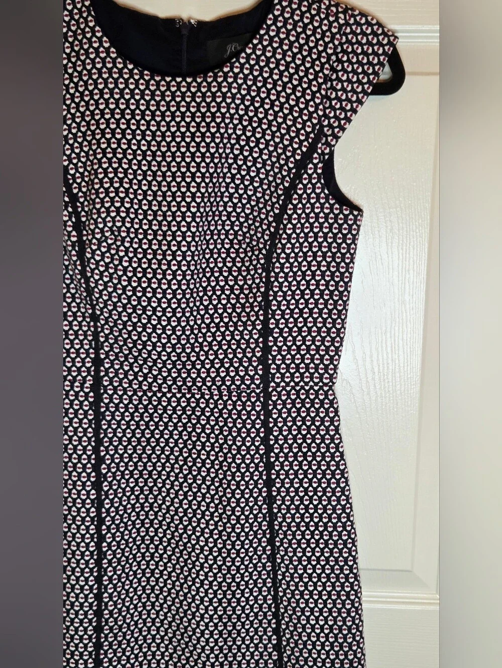 J.Crew Cap Sleeve Matelasse Sheath Dress Navy Red Geometric Dot Lined Size 00